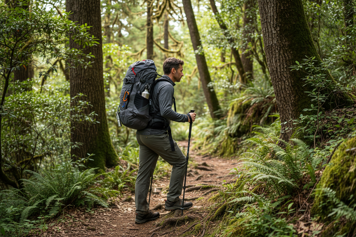 Hiker in action wearing Infiniti Beyond backpack on forest trail