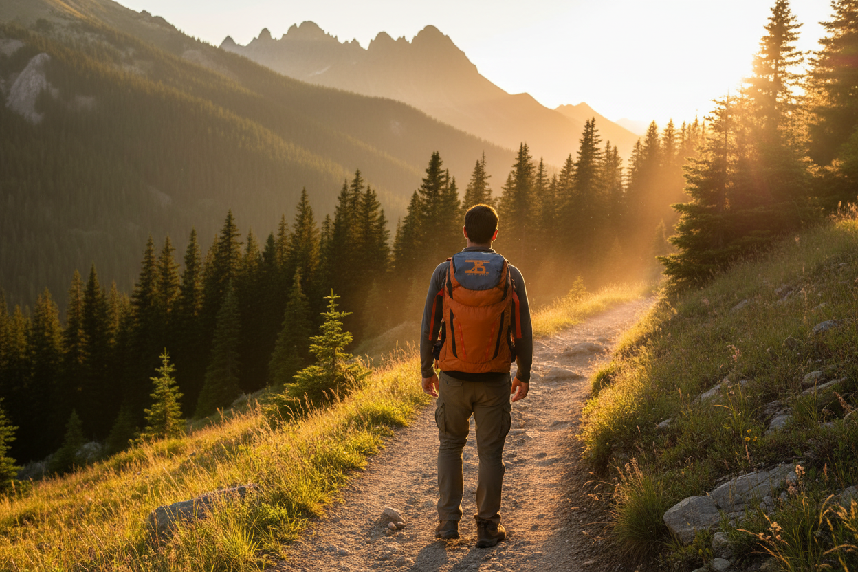 Hiker wearing orange Infiniti Beyond backpack on mountain trail